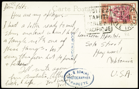 Océanie n°72 OBL "Papeete ile Tahiti" (1938) + Daguin à gauche "Visitez Tahiti perle du Pacifique" sur carte postale pour les USA. TB