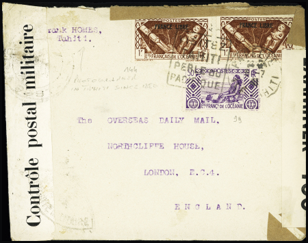 Océanie n°99 + 144, 2 pièces, OBL Papeete + Daguin à gauche "Visitez Tahiti" (1941) sur lettre avec double censure française et anglaise (examiner 400) pour la Grande-Bretagne. TB