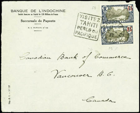 Océanie n°58 + 59 OBL Papeete (1937) + Daguin à gauche "Visitez Tahiti" sur lettre pour le Canada. TB
