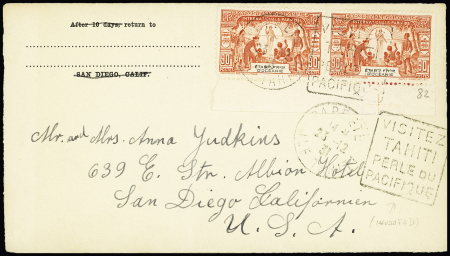 Océanie n°82 en paire OBL Papeete (1931) + Daguin à droite (RR) "Visitez Tahiti" sur lettre pour les USA. TB