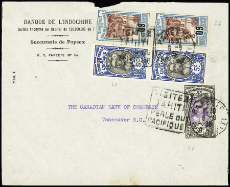 Océanie n°47 en paire + 57 en paire OBL Papeete (1935) sur lettre pour Vancouver (Canada). TB