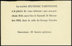 Océanie n°26 OBL CAD "Papeete ile Tahiti" (1932) + Daguin à gauche "Voir Tahiti et y vivre" sur carte locale (invitation pour le bal de la jeunesse tahitienne au garage Citroën). TB