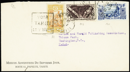 Océanie n°32 + 100 + 113 OBL Papeete (1939) avec Daguin à gauche "voir Tahiti et y vivre" sur lettre pour les USA. TB