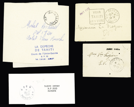 Ensemble de 12 plis avec oblitérations PP de Papeete dont CAD "Papeete Tahiti" (1922) + griffe "Port Payé", Papeete (1932) + Daguin "Voir Tahiti et y vivre" + griffe violette "Port Payé". Bel ensemble.