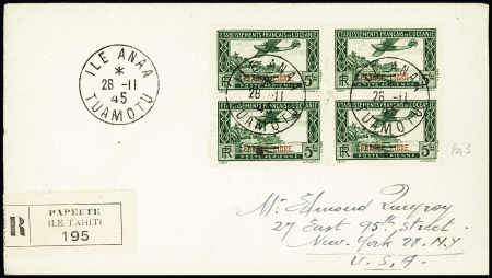 Océanie PA n°3, France Libre, en bloc de 4, OBL CAD "ile Anaa Tuamotu" (1945) sur lettre recommandée pour New-York avec arrivée. TB