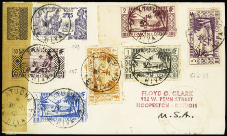 Océanie n°84 à 88 + 105 + 129 OBL CAD "Atuona Hiva-Oa" (1940) sur lettre censurée pour les USA avec au verso Daguin "voir Tahiti et y vivre". TB