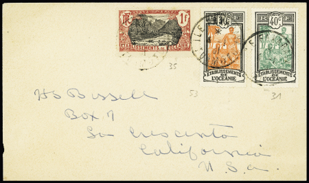 Océanie n°31 + 31 + 53 OBL CAD "ile Fakarava Tuamotu" (1931) sur lettre pour les USA. TB