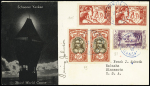 Océanie n°69 en paire + 88 + 125 en paire OBL CAD bleu "Rikitea ile Mangareva" (1940) sur env. illustrée "Schooner Yankee Third World Cruise" pour les USA avec arrivée et censure. TB