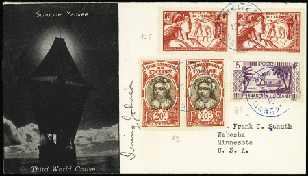 Océanie n°69 en paire + 88 + 125 en paire OBL CAD bleu "Rikitea ile Mangareva" (1940) sur env. illustrée "Schooner Yankee Third World Cruise" pour les USA avec arrivée et censure. TB