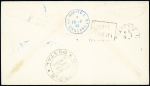 Océanie n°69 en paire + 88 + 125 en paire OBL CAD bleu "Rikitea ile Mangareva" (1940) sur env. illustrée "Schooner Yankee Third World Cruise" pour les USA avec arrivée et censure. TB