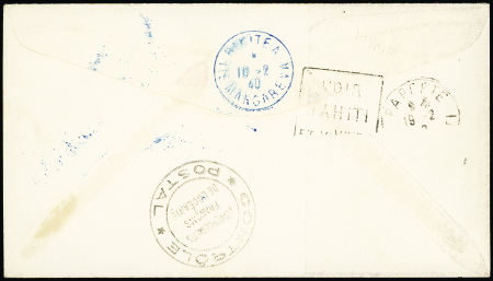 Océanie n°69 en paire + 88 + 125 en paire OBL CAD bleu "Rikitea ile Mangareva" (1940) sur env. illustrée "Schooner Yankee Third World Cruise" pour les USA avec arrivée et censure. TB