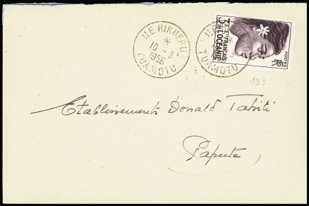 Océanie n°193 OBL CAD "ile Hikueru Tuamotu" (1956) sur lettre. TB