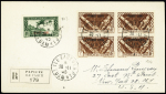 Océanie n°144 en bloc de 4 + PA n°3, France Libre, OBL CAD "ile Kaukura Tuamotu" (1945) sur lettre recommandée pour les USA. TB