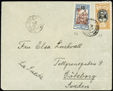 Océanie n°26 + 57 OBL CAD à cercle intérieur pointillé "Makatea-Moumu Tahiti" (1924) répété à côté sur lettre pour la Suède. TB