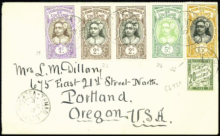 Océanie n°21 + 22 en paire + 24 + 26 + colonies générales taxe n°21 OBL rare CAD "Makatea-temao Tahhiti" (1917) sur lettre pour les USA. TB
