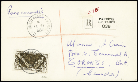 Océanie n°120 OBL CAD "Ile Nukutavake Tuamotu" (1957) sur lettre recommandée pour le Canada avec arrivée. TB