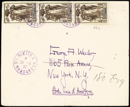 Océanie n°124 en bande de 3 OBL CAD "Rikitea ile Mangareva" (1937) sur lettre pour New-York avec au verso Daguin de Papeete. TB