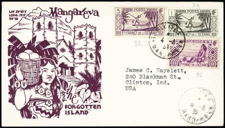 Océanie n°84 + 88 + 96 OBL CAD "Rikitea ile Mangareva" (1939) sur enveloppe illustrée "Mangareva" (1939) sur enveloppe illustrée "Mangareva the forgotten island" pour les USA avec Daguin de Papeete au verso. TB