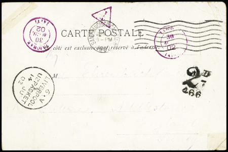 Carte postale non affranchie (vue de Taiohae) avec CAD lilas "Taiohae Taïti" (1902) pour la Grande-Bretagne avec transit San Francisco et arrivée Liverpool + taxe anglaise. RR et TB