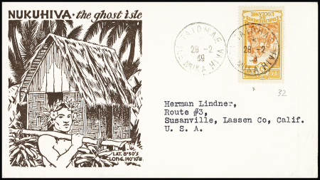 Océanie n°32 OBL CAD "Taiohae ile Nuka Hiva" (1939) sur enveloppe illustrée "Nukuhiva - the ghost isle" adressée aux USA. TB