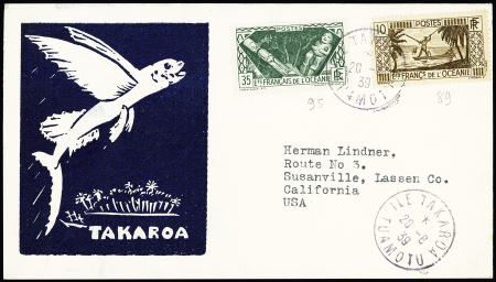 Océanie n°89 + 95 OBL CAD "Ile Takaroa Tuamotu" (1939) sur enveloppe illustrée (poisson volant). TB