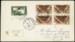 Océanie n°144 en bloc de 4 + PA n°3, surchargés France Libre OBL CAD "ile Takaroa Tuamotu" (1945) sur lettre recommandée pour New-York avec arrivée. TB