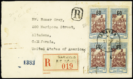 Océanie n°87 en bloc de 4 OBL CAD "Taravao ile Tahiti" (1931) sur lettre recommandée pour San Pedro. TB