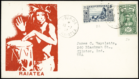 Océanie n°50 + 92 OBL CAD "Uturoa ile Raïatea" (1938) sur env. illustrée de Raïatea (danseur avec tam-tam). TB