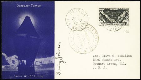 Océanie n°116 OBL CAD "Uturoa ile Raïatea" (1940) sur env. illustrée bleue "Schooner Yankee third world Cruise" avec cachet noir "Contrôle postal etablissements français de l'Océanie". TB