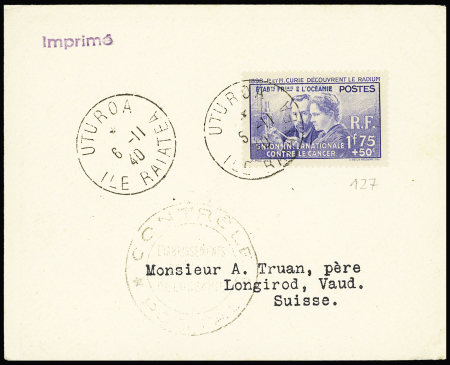 Océanie n°127 OBL CAD "Uturoa Raïatea" (1940) sur imprimé pour la Suisse avec censure d'Océanie. TB