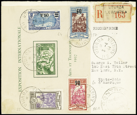 Océanie n°64 + 57 + 55 + 60 + BF n°1 OBL CAD "Uturoa ile Raïatea" (1941) sur lettre recommandée pour New-York avec transits Papeete et San Francisco. TB