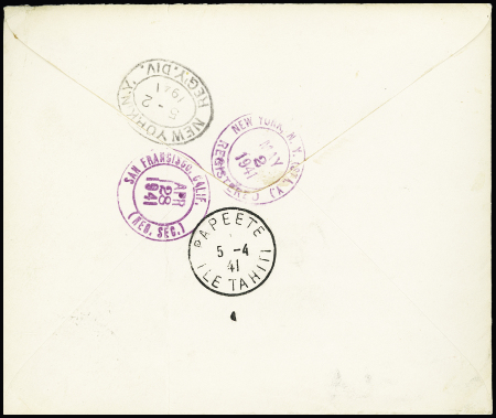 Océanie n°64 + 57 + 55 + 60 + BF n°1 OBL CAD "Uturoa ile Raïatea" (1941) sur lettre recommandée pour New-York avec transits Papeete et San Francisco. TB