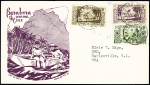 Océanie n°88 + 89 + 93 OBL CAD "Vaitape ile Bora-Bora" (1937) sur enveloppe illustrée violette "Bora-Bora the Sentinel Isle" pour les USA avec au verso OBL mécanique d'entrée Vancouver. TB