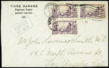 Océanie n°99, 3 pièces OBL mec. d'entrée "Vancouver B.C" (1937) sur lettre pour Los Angelès. Rare et TB
