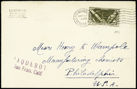 Océanie n°113 OBL mec. "San Francisco Cal" (1938) sur lettre pour Philadelphie avec griffe lilas "Paquebot San Fran. Calif.". Jolie pièce