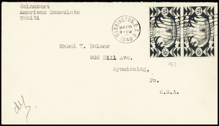 Océanie n°163 en paire OBL mec. "Washington DC" (1946) sur lettre du Consulat US de Tahiti. TB