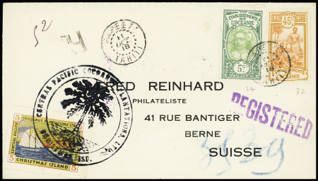 Océanie n°24 + 32 OBL Papeete (1918) sur lettre recommandée pour la Suisse avec timbre local 5c Christmas Island OBL grand cachet noir avec palmier. TB