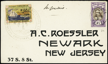 Océanie n°21 OBL Papeete (1921) sur lettre avec timbre local 5c Christmas Island pour les USA. TB
