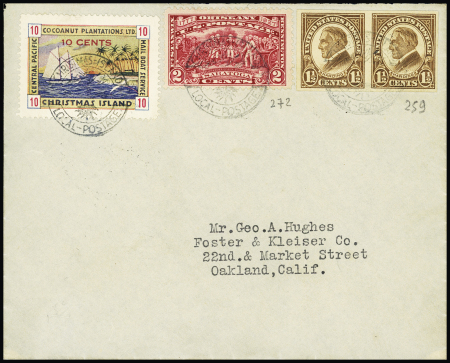 USA n°259 en paire non dentelée + n°272 + timbre local 10c de Christmas Island OBL petit cachet illustré "Christmas Island local postage" sur lettre pour les SA. TB