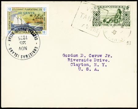 Océanie n°93 OBL Daguin de Papeete (1935) sur lettre pour les USA avec timbre local 10c de Christmas Island OBL 25 nov 1935 sur lettre pour les USA. TB