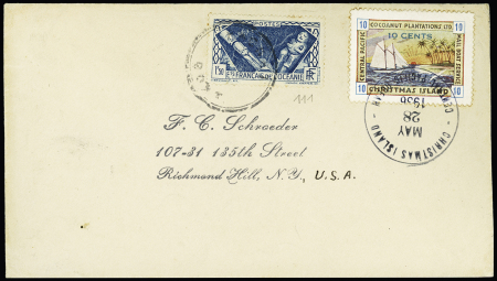 Océanie n°111 OBL cachet muet "Packet Boat" sur lettre pour les USA avec timbre local 10c de Christmas Island. TB