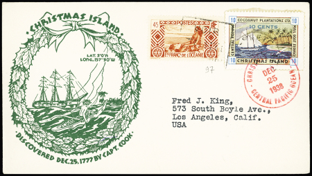Océanie n°97 + timbre local 10c de Christmas Island (1938) sur enveloppe illustrée "Christmas Island discovered dec 25 1777 by capt. Cook". TB
