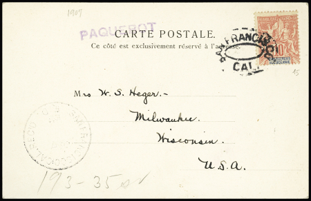 Océanie n°15 OBL cachet ovale noir "San Francisco Cal." + griffe violette "Paquebot" sur carte postale pour les USA. TB