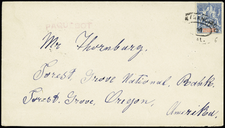 Océanie n°6 OBL cachet ovale noir "San Francisco Cal." + griffe lilas "Paquebot" sur lettre avec au verso CAD de San Francisco (1909)