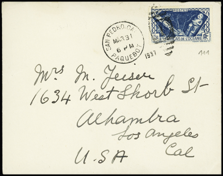 Océanie n°111 OBL duplex "San Pedro cal paquebot" (1937) sur lettre pour les USA. TB