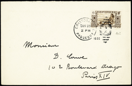 Océanie n°102 OBL duplex "Cristobal CZ Paquebot 1" (1939) sur lettre pour Paris. TB
