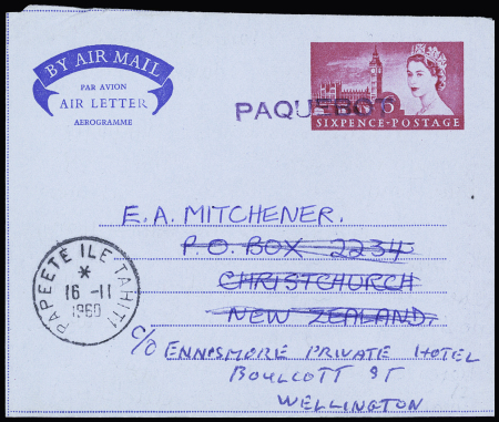 Grande Bretagne entier aérogramme 6P rose OBL griffe "Paquebot" + CAD "Papeete ile Tahiti" (1960) pour la Nouvelle Zélande. TB