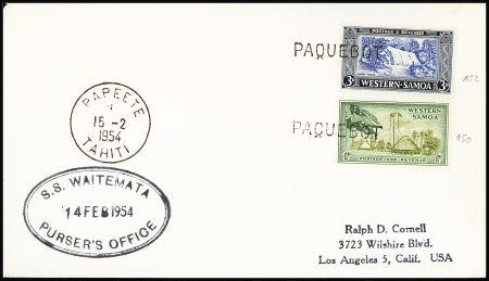 Western Samoa n°150 + 152 OBL griffe "Paquebot" + CAD "Papeete Tahiti" (1954) sur lettre pour les USA avec cachet ovale noir "SS Waitemata Purser's office". TB