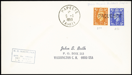 Grande Bretagne n°251 + 252 OBL griffe "Paquebot" + CAD "Papeete Tahiti" (1953) sur lettre du SS Wairuna. TB