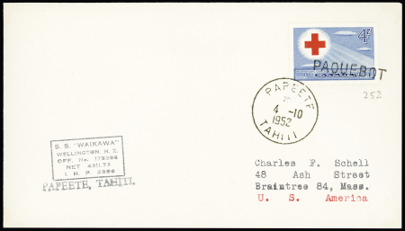 Canada n°252 OBL griffe "Paquebot" + CAD "Papeete Tahiti" (1952) sur lettre pour les USA avec griffe encadrée "SS Waikawa Wellington". TB